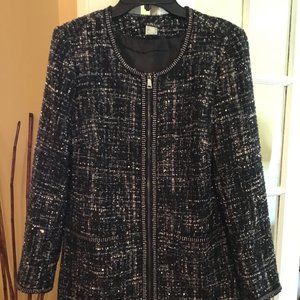 Venus Long Sleeve Tweed Zip Jacket Coat, Black, Blue, Silver Sequins, Size 10
